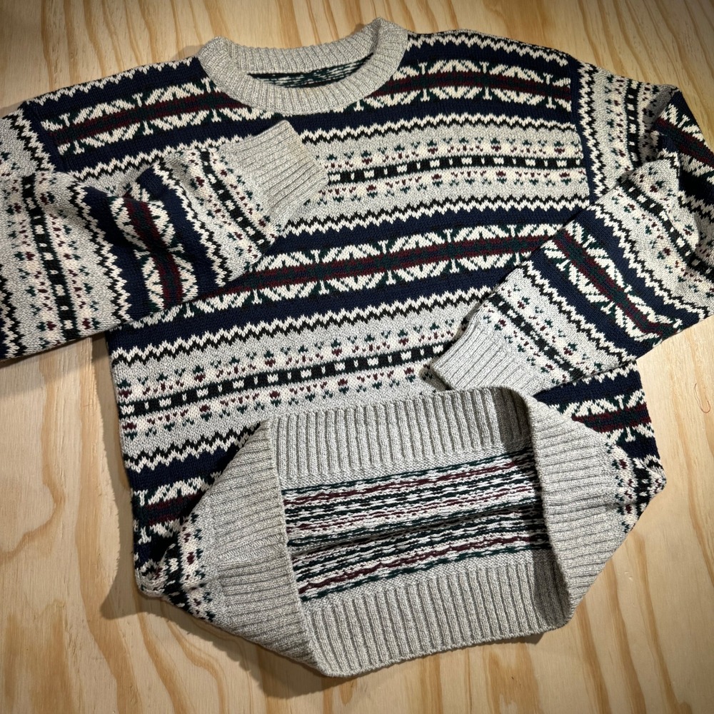 Vintage Fair Isle Crewneck Sweater Grey Navy Burgundy Nordic Knit Mens Large